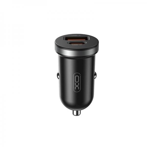 Зарядно за автомобил XO-CC56 30W 12V / 1xUSB-C, 1xUSB / Черен /