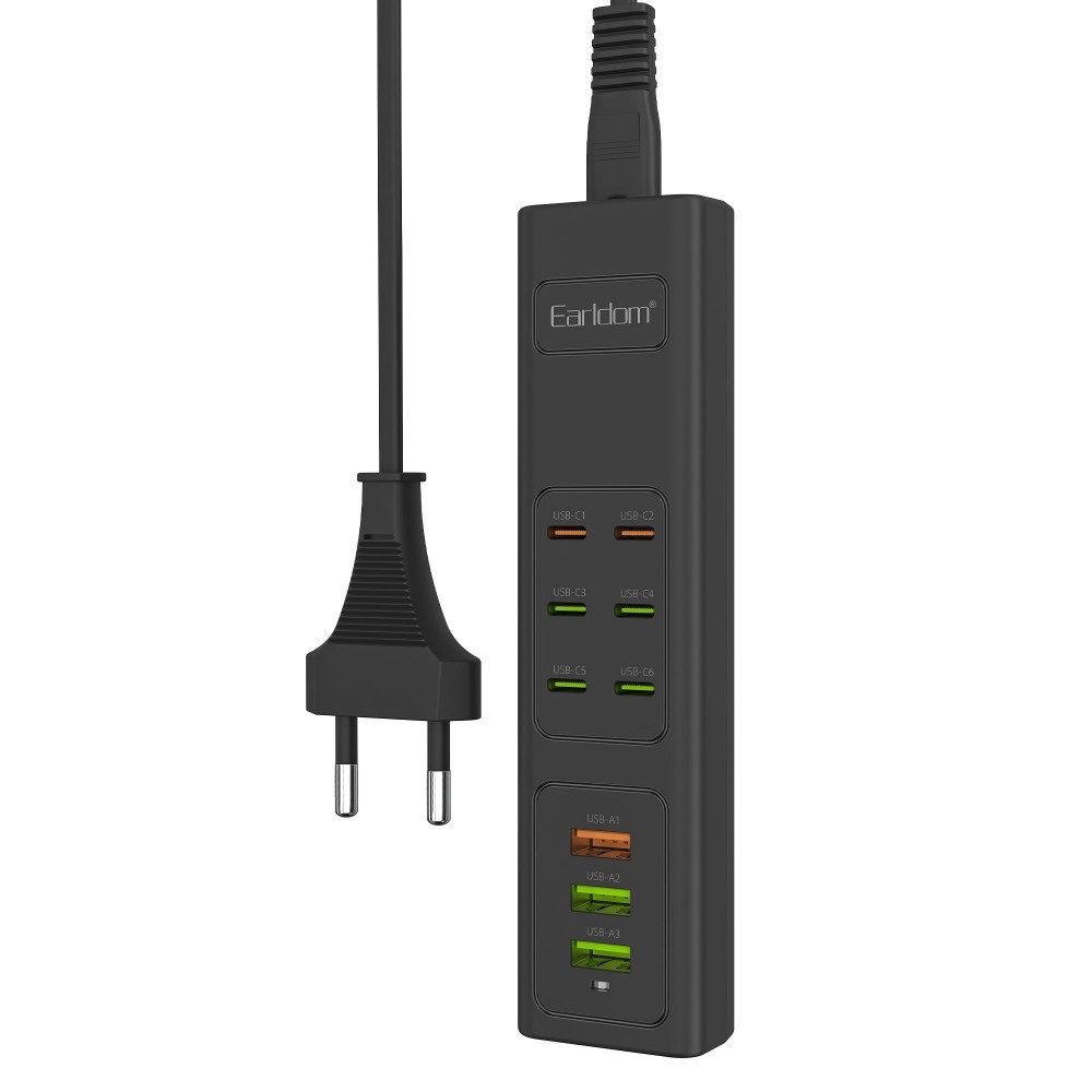 Разклонител / Удължител Earldom ES-SC24, 6 х USB-C, 3 x USB F, 1м., Черен