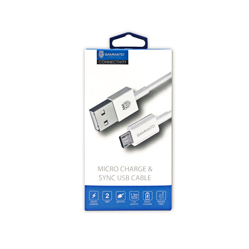 USB кабел Sammato 1.5м. USB - Micro USB бял